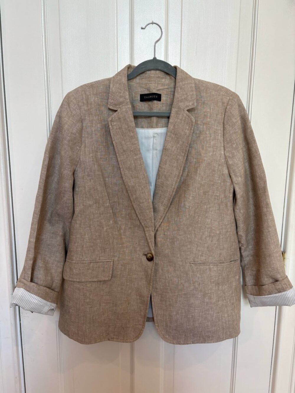 Talbots, Single-Button Linen Blazer, Light Tan, Size 14